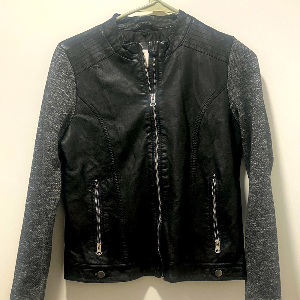 SO Black Faux Leather Jacket with Gray Knit Sleeves